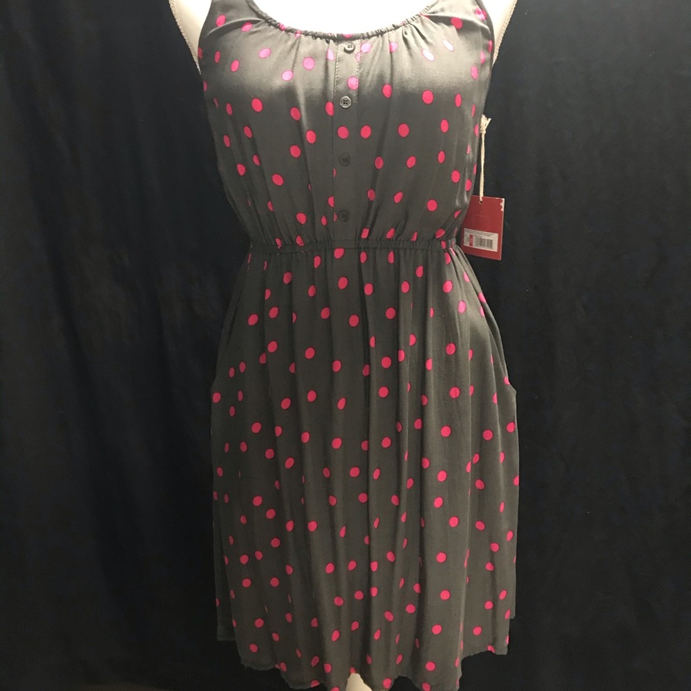 Grey and pink polka dot dress. Lace back,pockets.